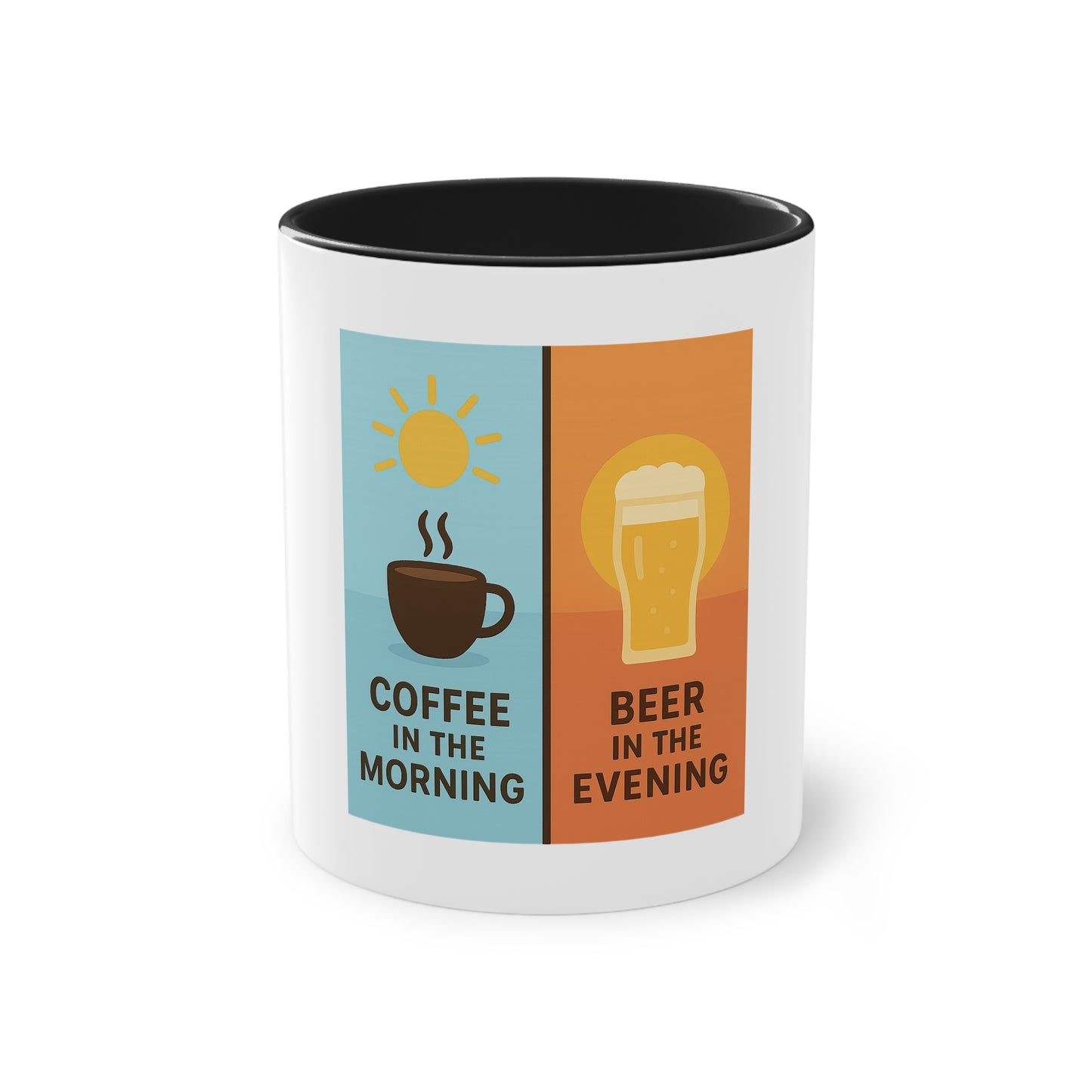 Tweekleurige koffietas: Koffie in de ochtend, bier in de avond.