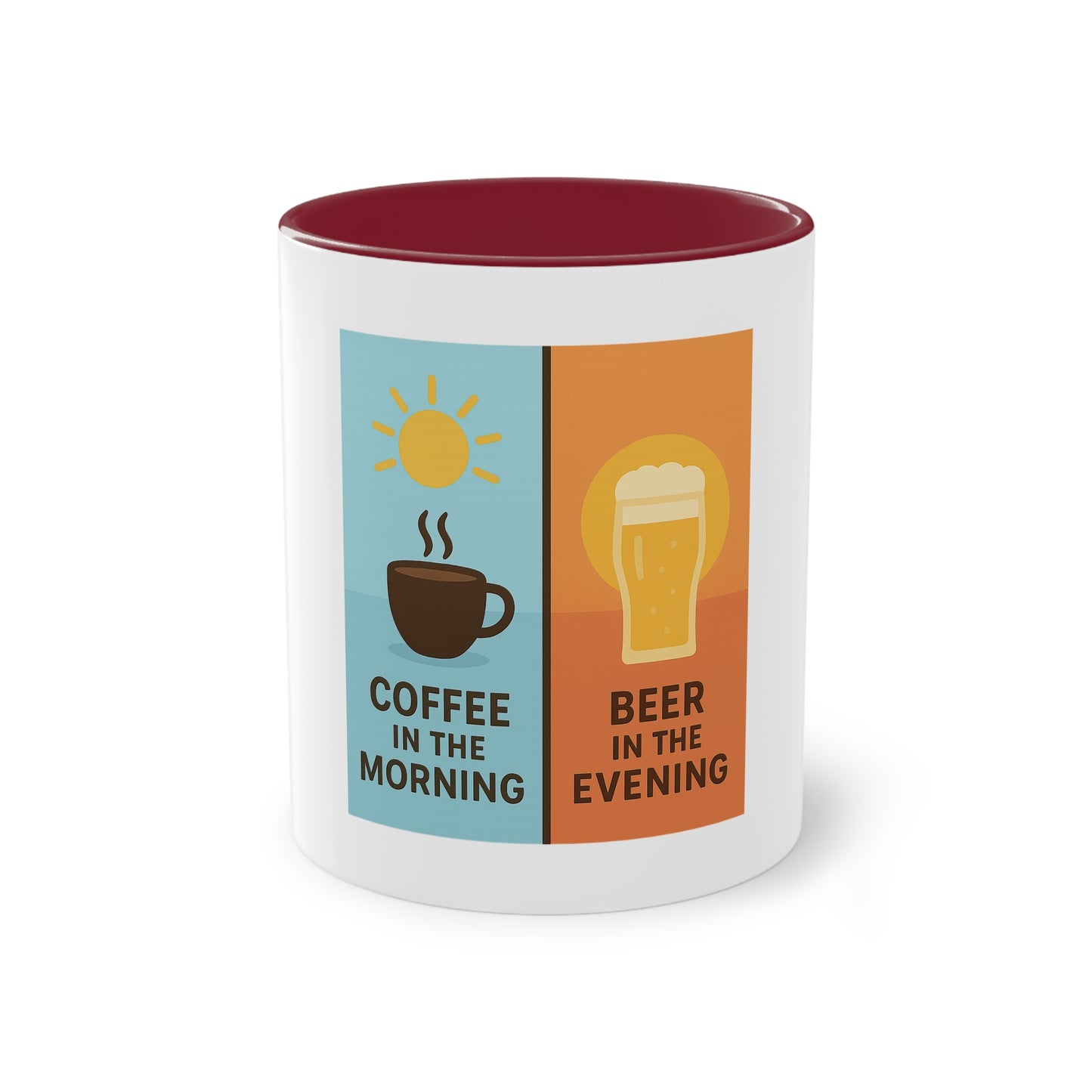 Tweekleurige koffietas: Koffie in de ochtend, bier in de avond.